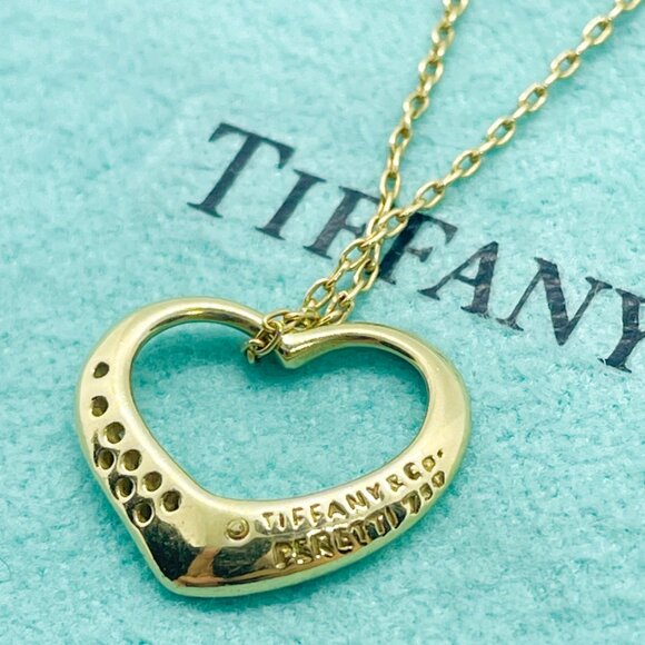 Tiffany & Co. Peretti 18K Gold Diamond 15mm Open Heart Pendant Necklace 18" - Picture 6 of 13